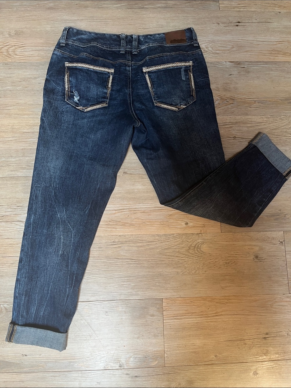 Maurices Dark Blue Distressed Boyfriend Jeans Capris - Picture 3 of 5
